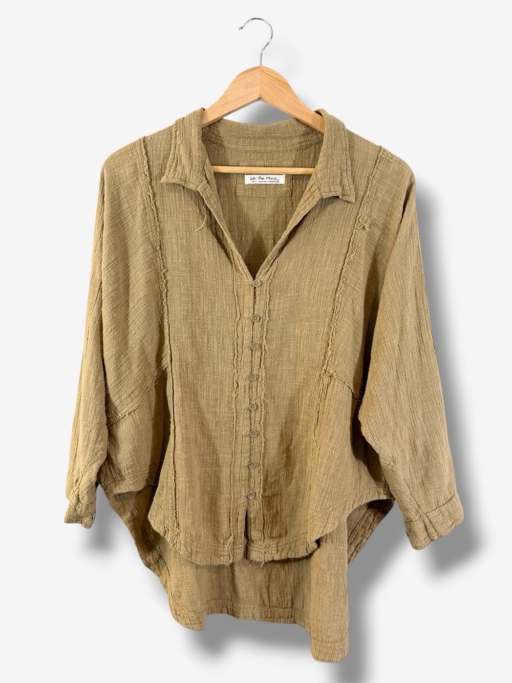 We the Free Oversized Button Up Shirt Size S Olive Taupe Gauze Distressed Boho
